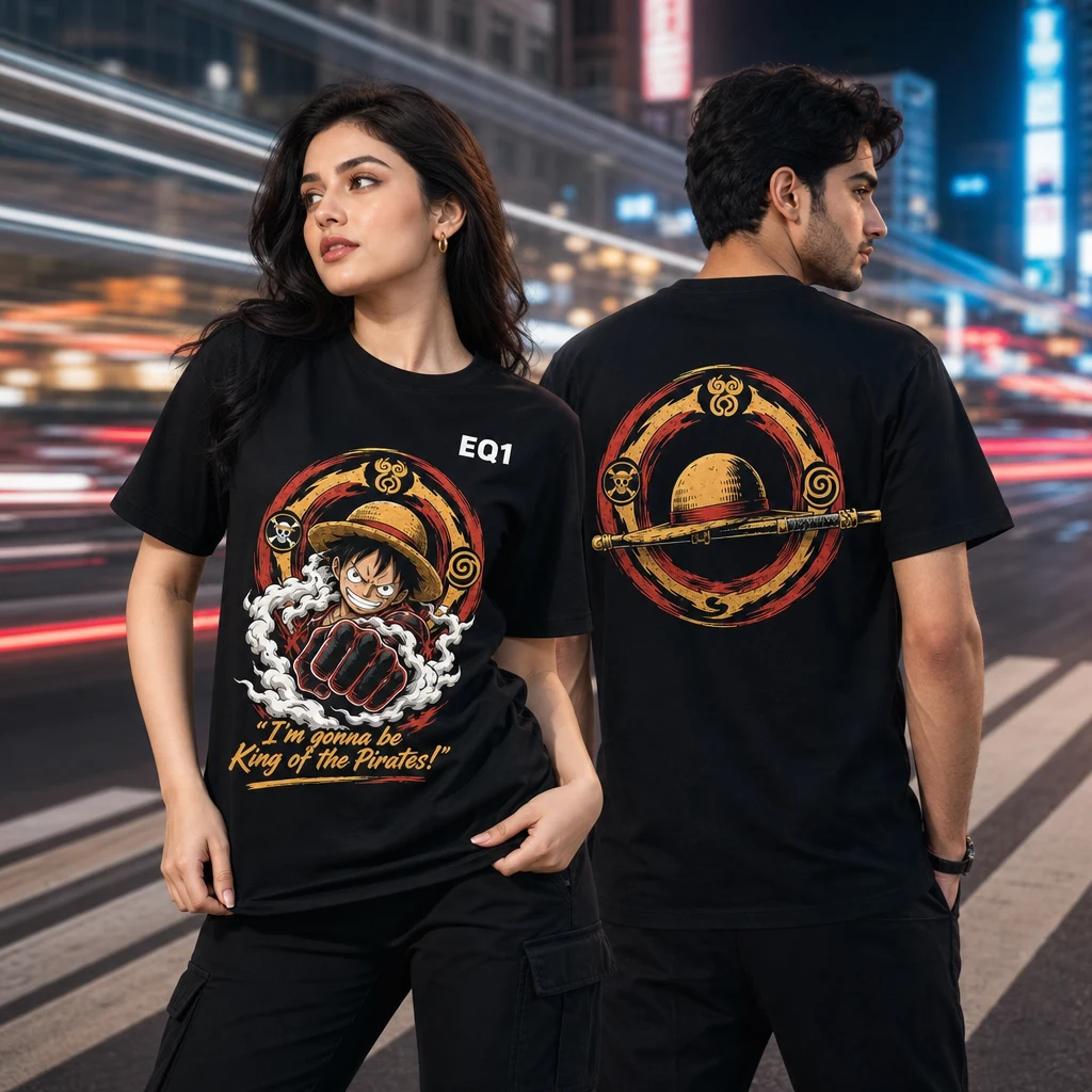 Monkey D. Luffy Elemental Halo T-shirt — on-model front and back view