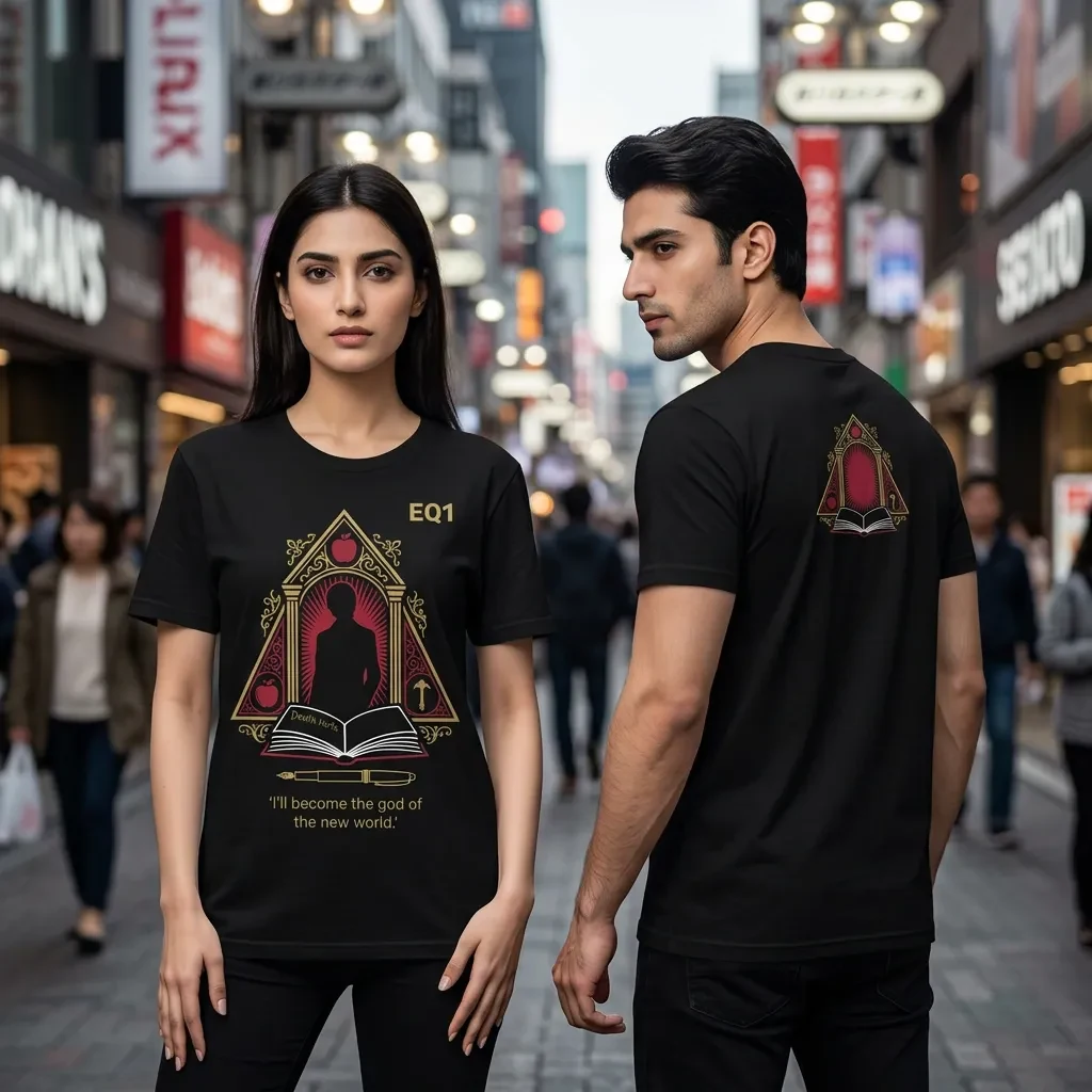 Light Yagami Relic Shrine T-shirt — on-model front and back view