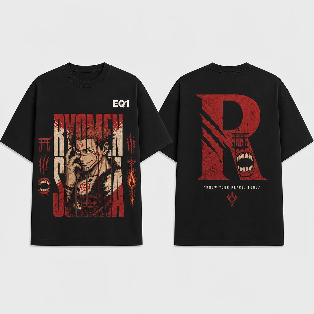 Ryomen Sukuna Typography Tower T-shirt — product front and back view