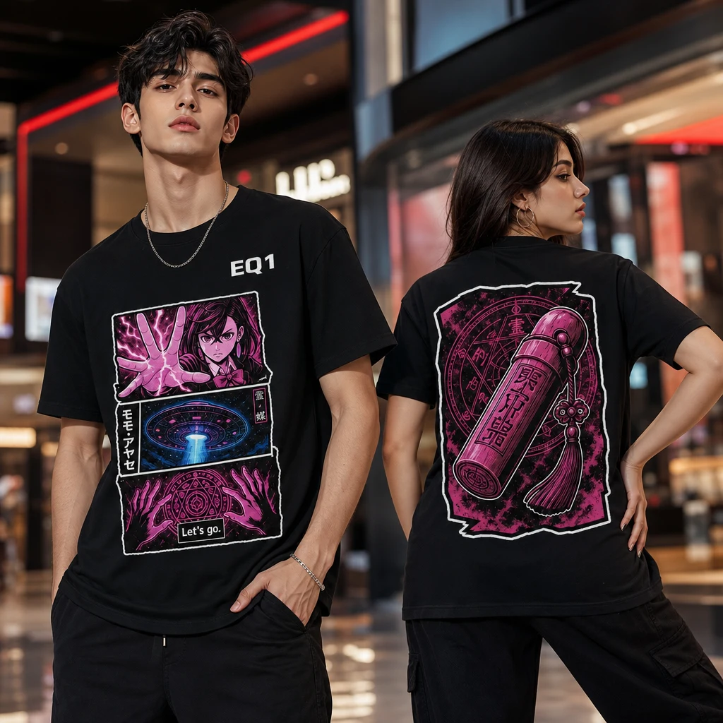 Momo Ayase Panel Stack T-shirt — on-model front and back view