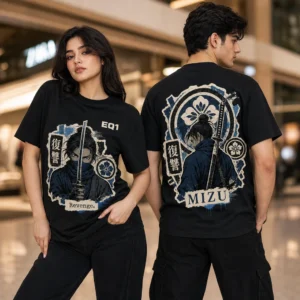 Mizu Sticker Crest T-shirt — on-model front and back view