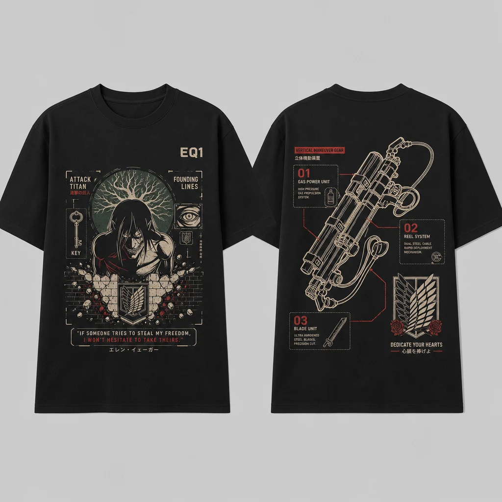 Eren Yeager Weapon Blueprint T-shirt — product front and back view