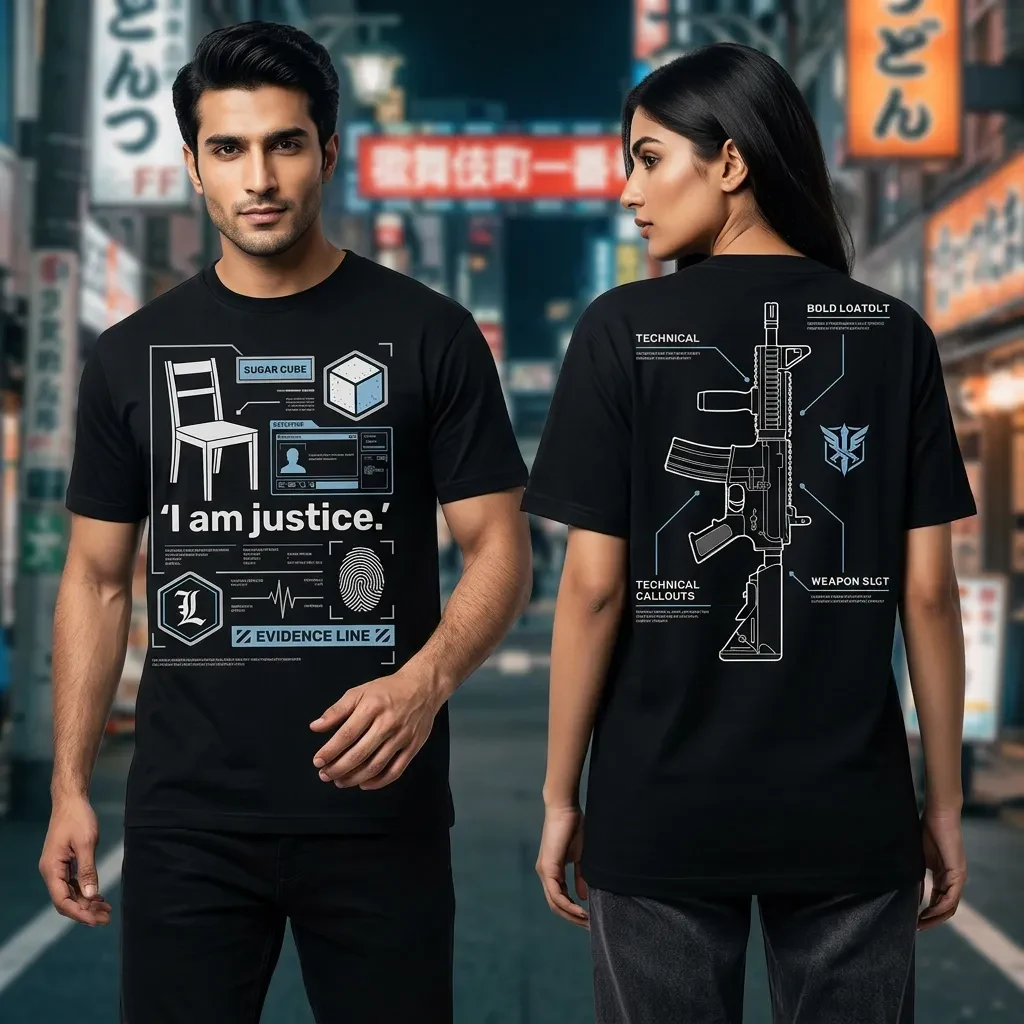 L Weapon Blueprint T-shirt — on-model front and back view