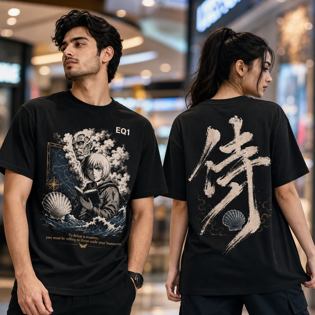 Armin Arlert Monochrome Ink T-shirt — on-model front and back view