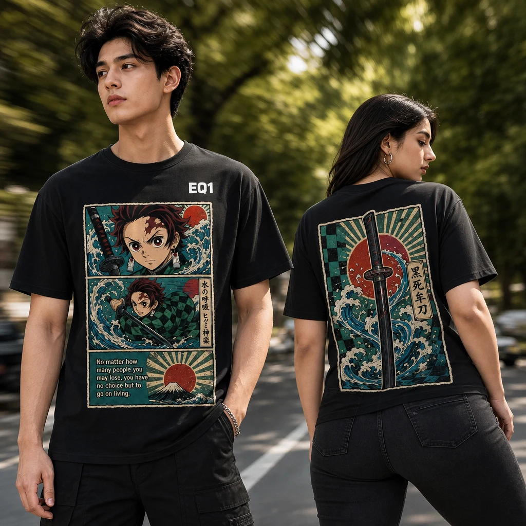 Tanjiro Kamado Panel Stack T-shirt — on-model front and back view