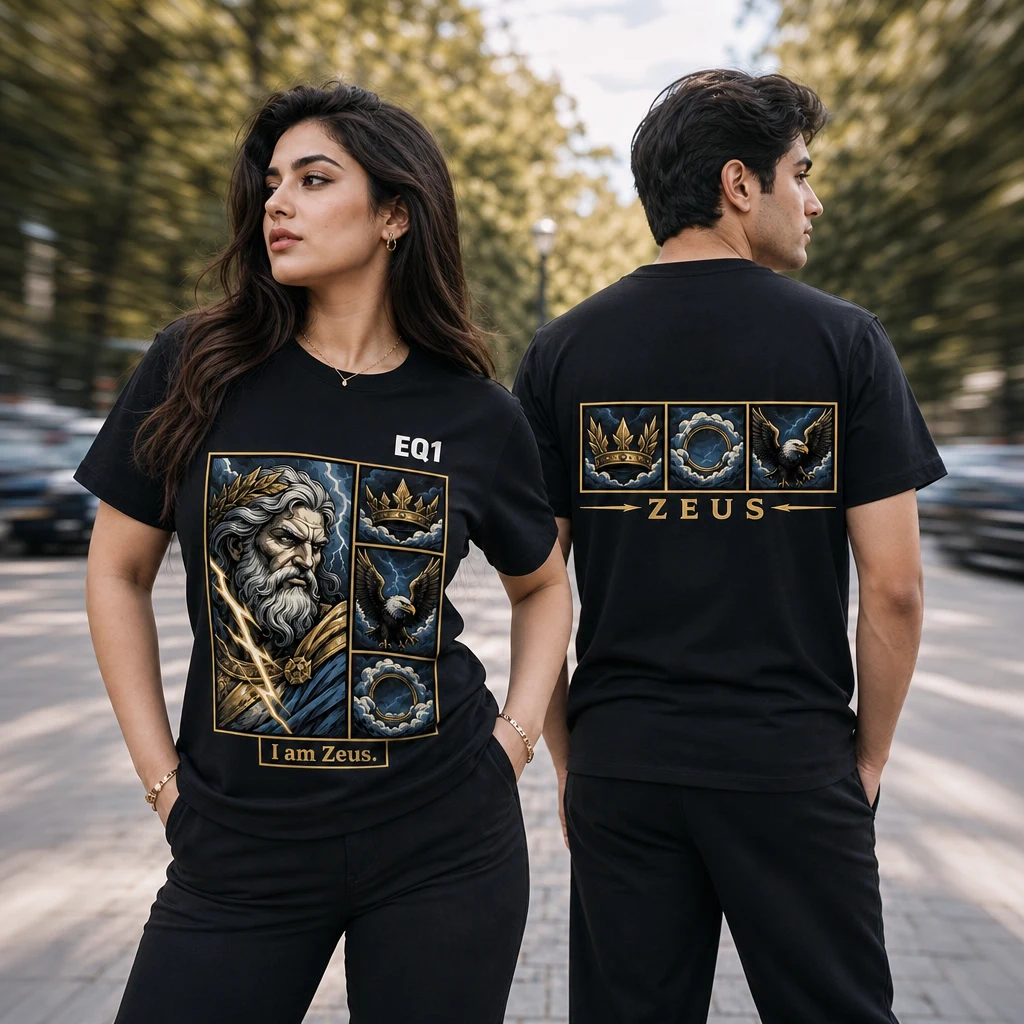 Zeus Emblem Grid T-shirt — on-model front and back view