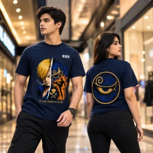 Sanji Split Portrait T-shirt — on-model front and back view