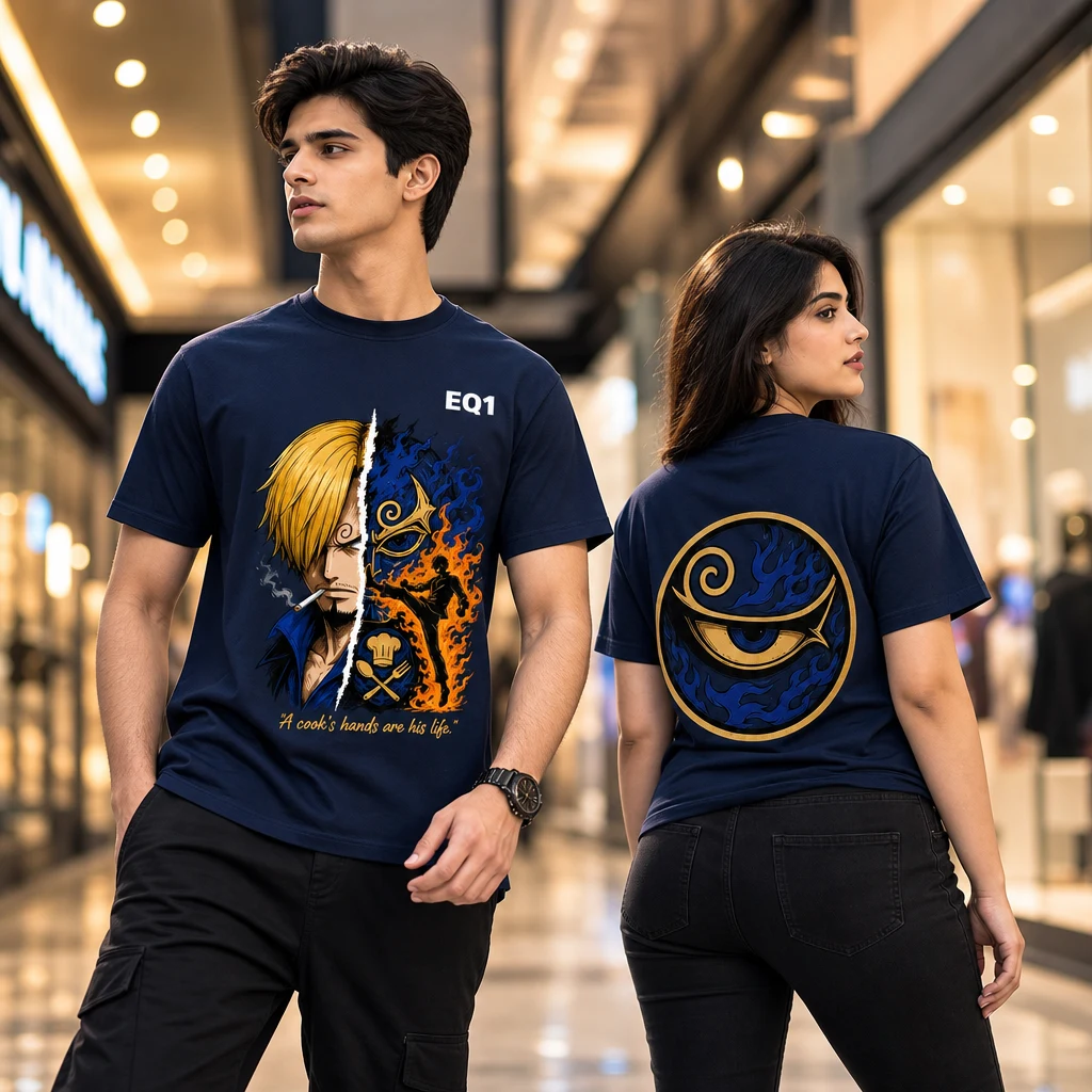 Sanji Split Portrait T-shirt — on-model front and back view