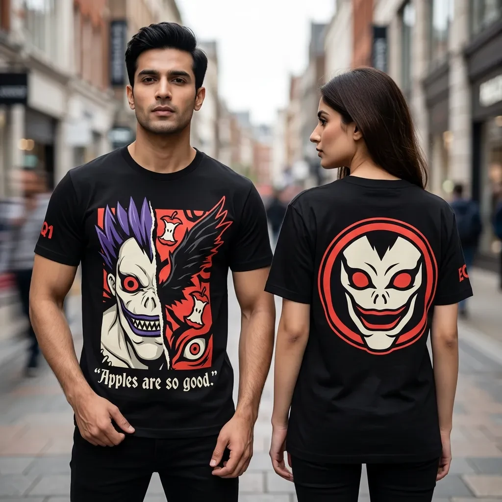 Ryuk Split Portrait T-shirt — on-model front and back view