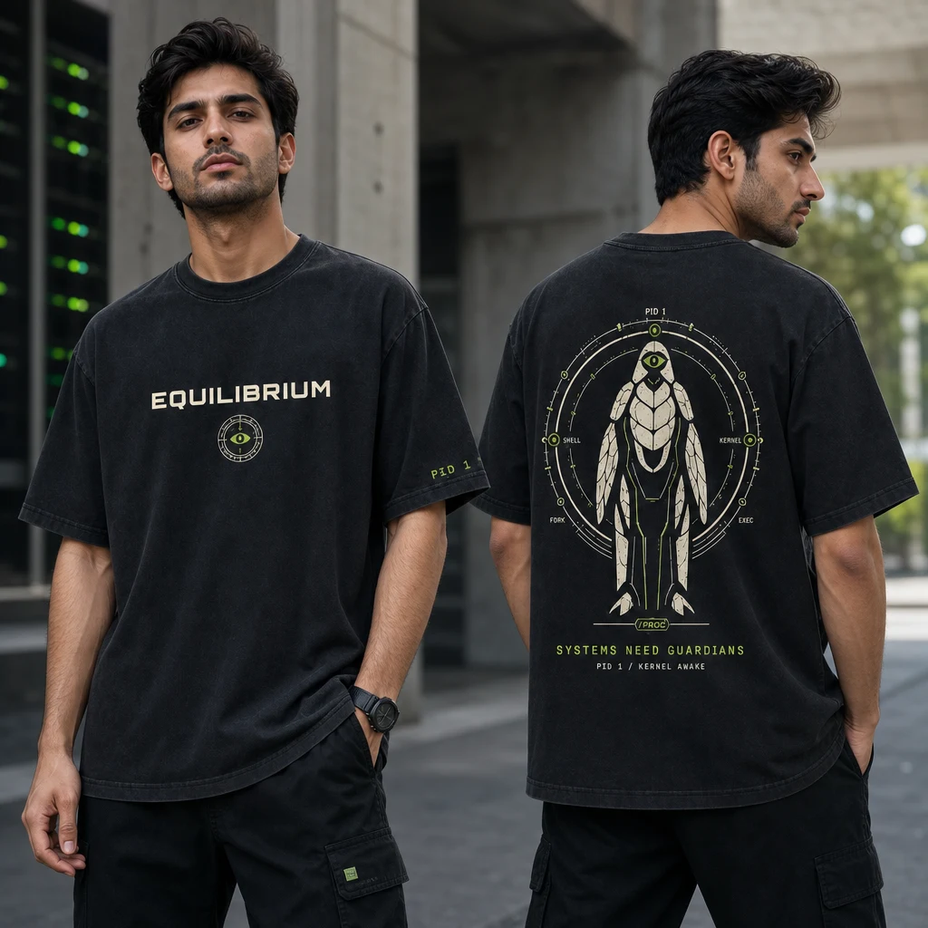 Kernel Warden System Guardian T-shirt — on-model front and back view