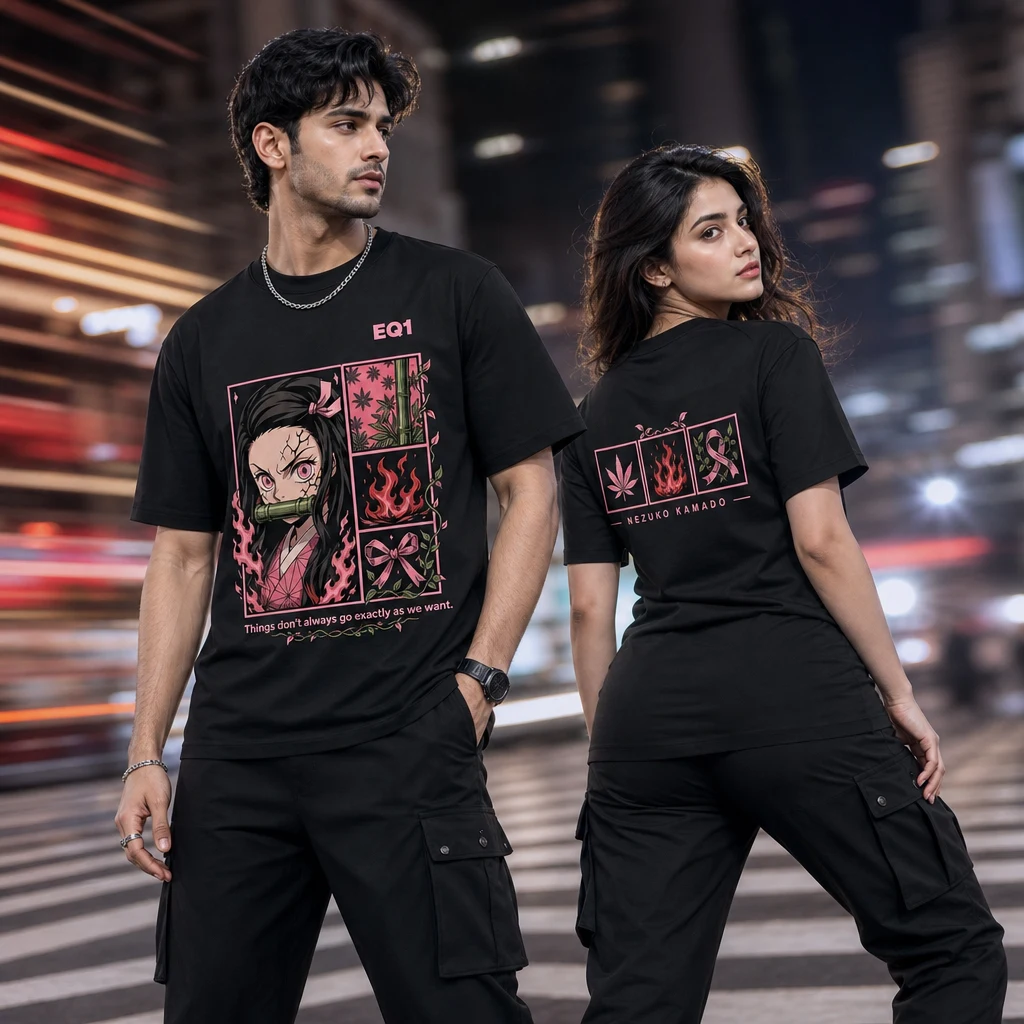 Nezuko Kamado Emblem Grid T-shirt — on-model front and back view