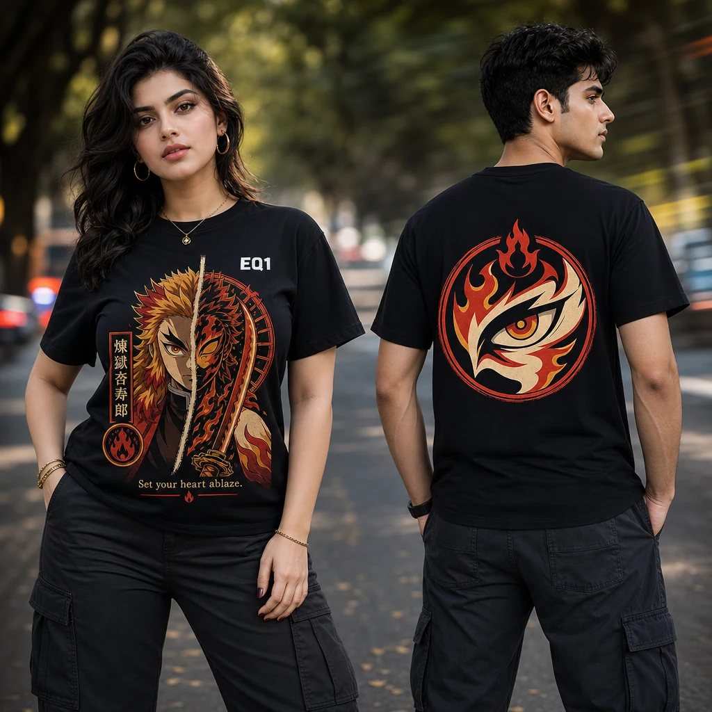 Kyojuro Rengoku Split Portrait T-shirt — on-model front and back view