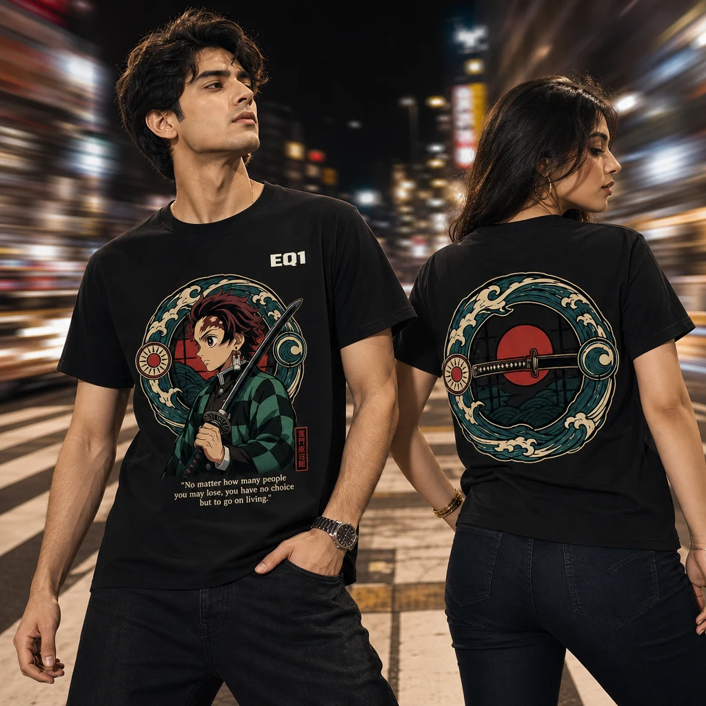Tanjiro Kamado Elemental Halo T-shirt — on-model front and back view