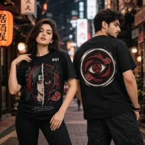 Itachi Uchiha Split Portrait T-shirt — on-model front and back view